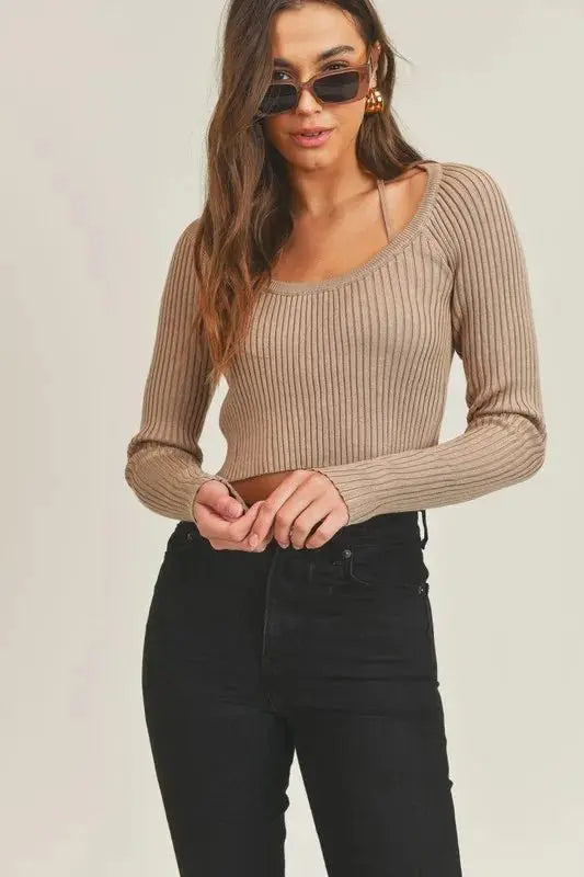 MABLE Long Sleeve Crop Sweater Top and Inner Bra Set - Love Salve